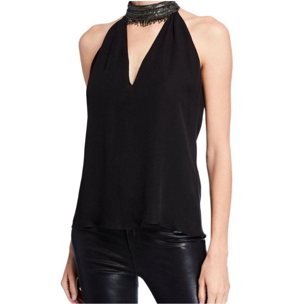 Ramy Brook Raelyn Beaded Dark Blue High Neck Silk Halter Top Small